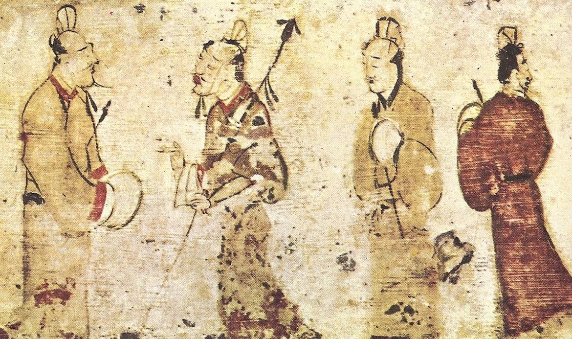 Two gentlemen engrossed in conversation while two others look on, a Chinese painting on paper near Luoyang, Henan province, dated to the Eastern Han Dynasty (25–220 AD).