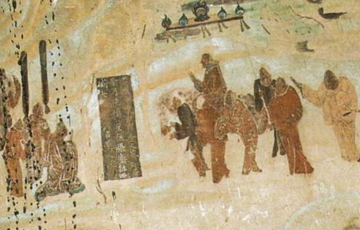 Zhang Qian leaving emperor Han Wudi around 130 BCE, for his expedition to Central Asia. Mural in Cave 323, Mogao Caves, high Tang Dynasty, circa 8th century CE.