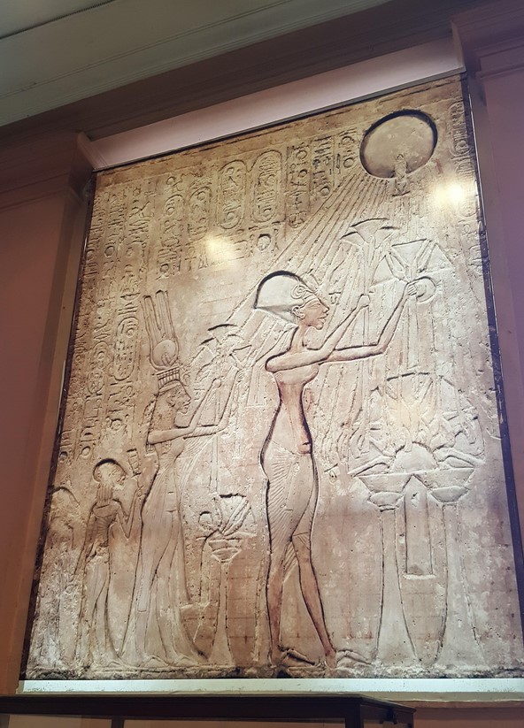 A limestone relief depicting the pharaoh Akhenaten, the queen Nefertiti and two princesses worshipping the Aten. 18th Dynasty, ca. 1353-1336 BCE, now housed at the Egyptian Museum in Cairo