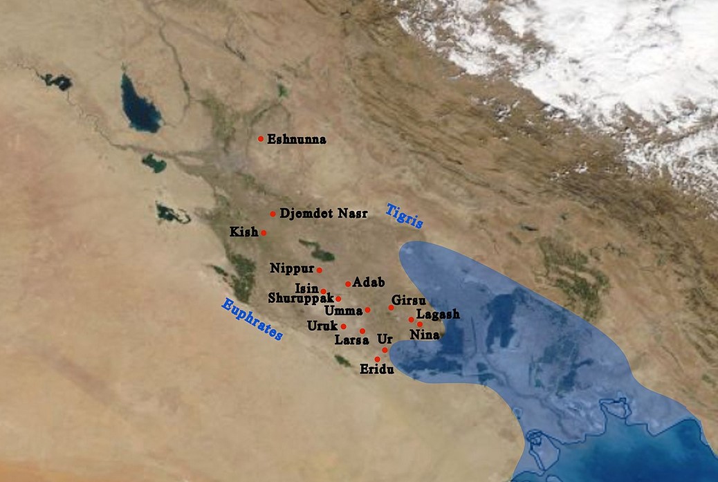 Sumer satellite map. The general location on a modern map, and main cities of Sumer with ancient coastline. The coastline nearly reached Ur in ancient times. - NASA