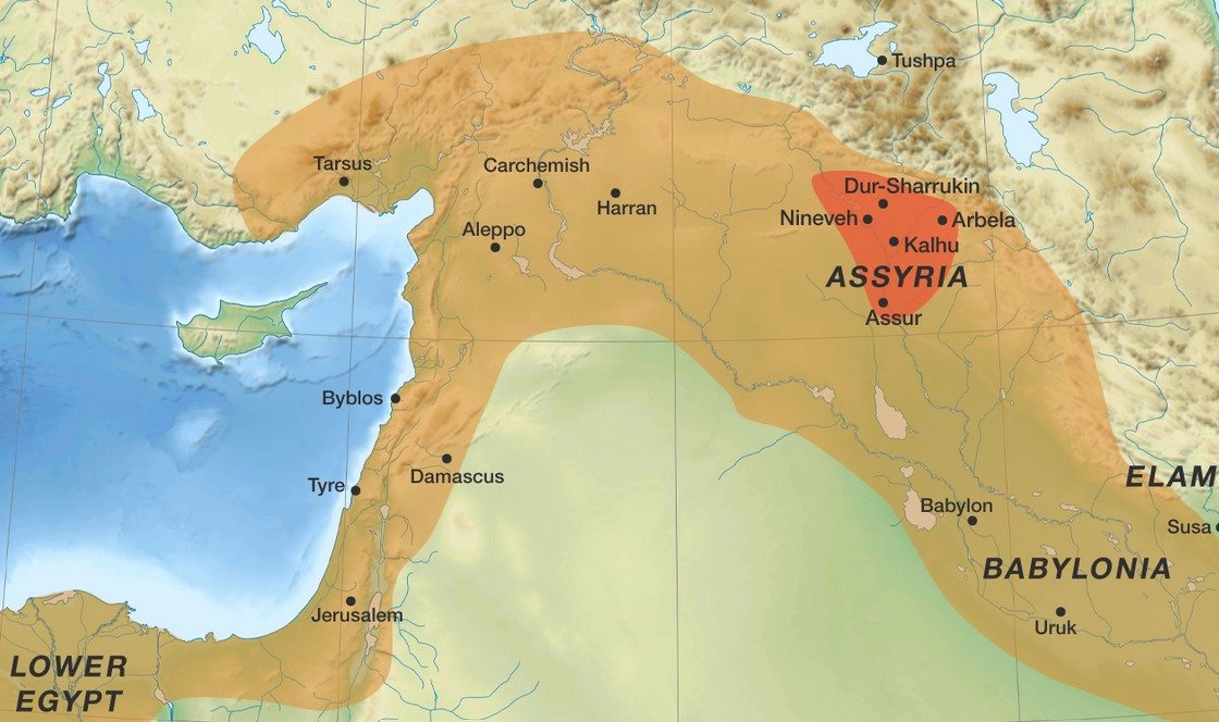 The ancient Assyrian heartland (red) and the Neo-Assyrian Empire in the 7th century BC (orange)