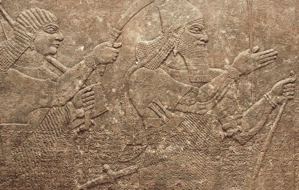 Assyrian king Ashur-nasir-pal II (883–859 BC) and his squire. Relief found in the palace of Ashur-nasir-pal II at Nimrud. Gypsum alabaster, ca. 865 BC.