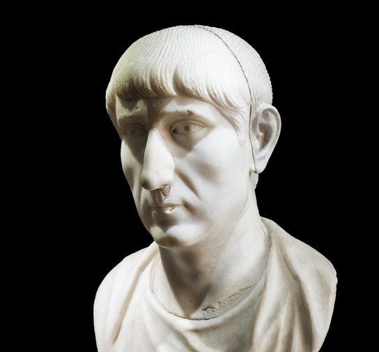 Late Roman bust of a man in Luna marble, Museo Nazionale Romano. Usually dated to the fourth or fifth century, though possibly a modern fake. Sometimes identified as a member of the Constantinian dynasty, especially the emperor Constantius II (317–361), son, co-emperor, and successor of Constantine the Great, but also identified as the emperor Valens (364–378).