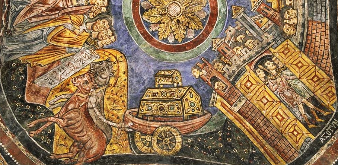 13th-century fresco of the Crypt of the Cathedral of St. Magnus in Anagni (Frosinone, Italy) - During the battle of Aphek, the Philistines kill the sons of the priest Eli and steal the Ark of the Covenant containing the Ten Commandments.