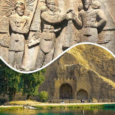 Artaxerxes II between Mitra and Ahura Mazda, rock survey of Taq-e-Bostan (Iran)
