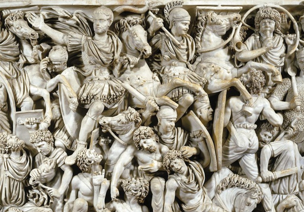 The great sarcophagus of Ludovisi (3rd century) shows a victory of the Roman soldiers over the barbarians. Roman National Museum nazionale in Altemps Palace, Rome