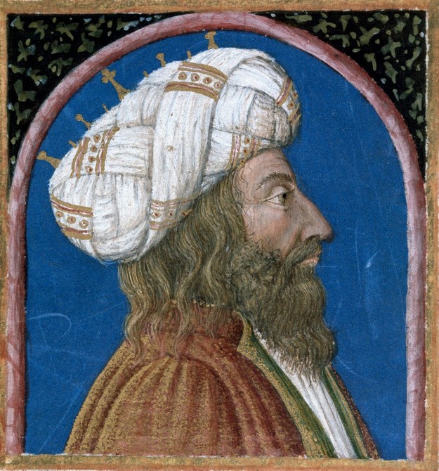 The king of Persia Artaxerxes III Ochos (died 338 BCE) Miniature taken from 'Paralleles of illustrious men' from Plutarch (46-125 CE) (MS XV. 1) 15th century. Cesena, Biblioteca Malatestiana