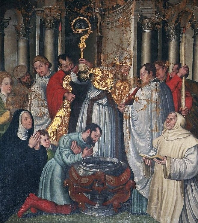 Baptism of Augustine by Nucci Benedetto, 1550 -  Gubbio, Hermitage of Saint Ambrose