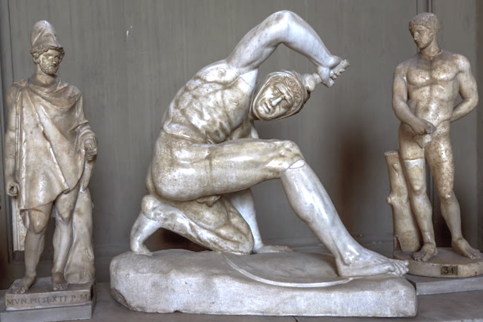 Persian warrior, dating from the beginning of the II century CE. Marble statue, Roman copy of one of the four groups sculptural, probably in bronze, commissioned in the II century BCE by Attalus II king of Pergamon, powerful Greek city-state. The sovereign conceived these sculptural groups as ex-voto in favor of the Gods, thanking them for having brought numerous military victories in favor of the Greeks. - Gallery of Candelabros at the Vatican Museums in Rome