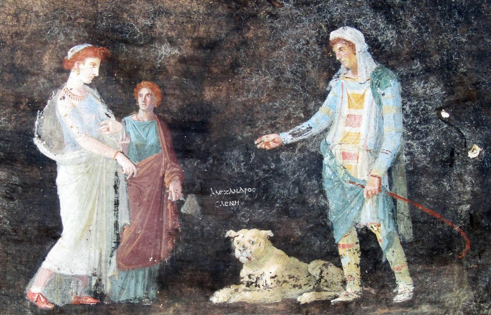 Fresco found in Pompeii depicting a scene related to the Trojan War, with Helen and Paris - Pompeii, Regio IX, 7, 5