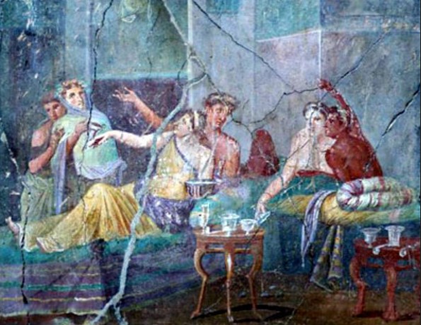 Banquet scene with two couples of lovers and abaci, imperial age. Fresco from the House of the Lovers in Pompeii.