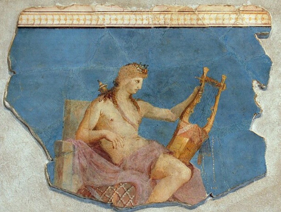 Main deity of the Hyperboreans: Apollo the Citharist. Painted plaster, roman work of the Augustan age. From the Scalae Caci on the Palatine. Antiquarian of the Palatine, Rome.