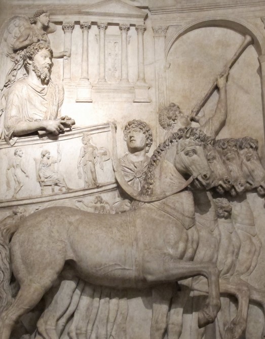 Marcus Aurelius celebrating his triumph over Rome's enemies in 176, riding in a quadriga chariot - Capital Museums, Rome