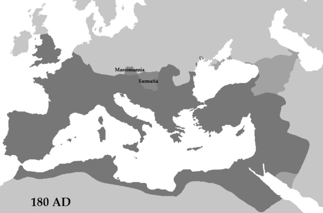 The Roman Empire during the reign of Marcus Aurelius. His annexation of lands of the Marcomanni and the Jazyges - perhaps to be provincially called Marcomannia and Sarmatia - was cut short in 175 by the revolt of Avidius Cassius and in 180 by his death. The light pink territory to the east is Roman dependencies - the Kingdoms of Armenia, Colchis, Iberia, and Albania.