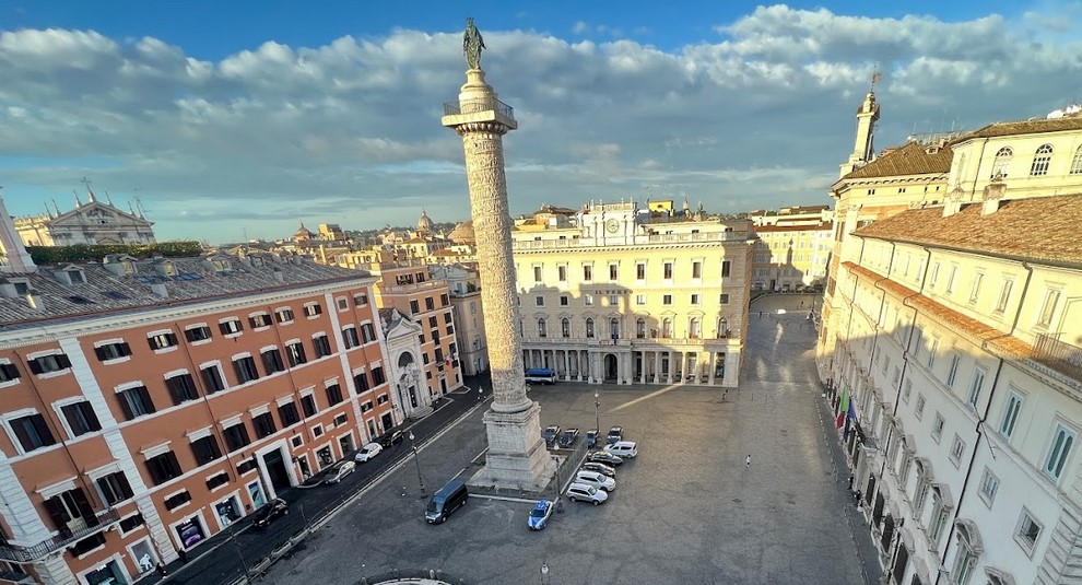 The Column of Marcus Aurelius is a monument in Rome, erected between 176 and 192 to celebrate, perhaps after his death, the victories of the Roman emperor Marcus Aurelius (161-180) obtained on Germans and Sarmatians located north of the middle course of the Danube during the Marcomannic Wars. The column, which was 29.617 meters high (equal to 100 Roman feet; 42 meters if you also consider the base), is still in its original location in front of Palazzo Chigi and gives its name to the square in which it stands, Piazza Colonna. The monument, covered with bas-reliefs, is inspired by the Trajan's Column. The sculptural frieze that spirally rolls around the stem, if it were unwinded, would exceed 110 meters in length.