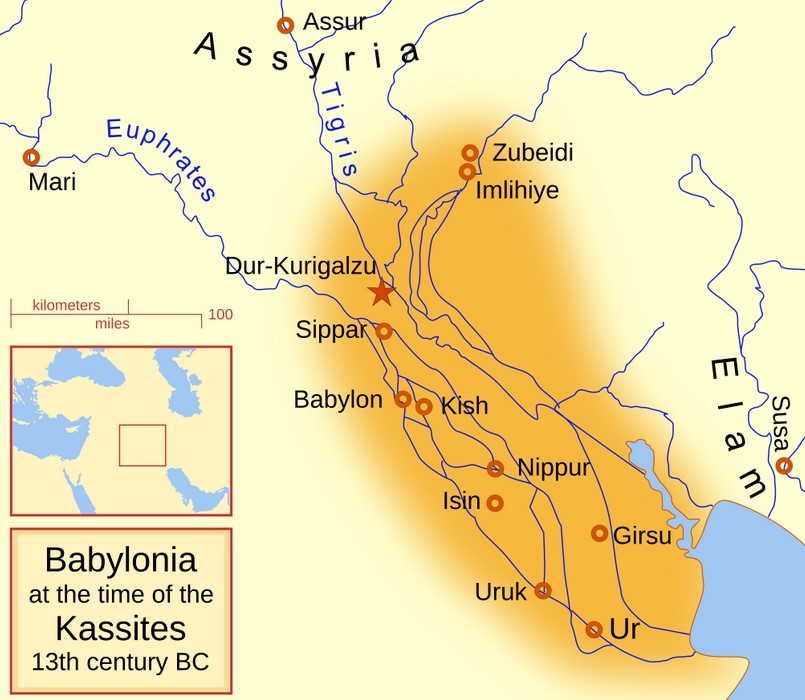 A map of the Babylonian Empire during the time of the Kassites, roughly the 13th century BC. This map shows the probable river courses and coastline at that time.