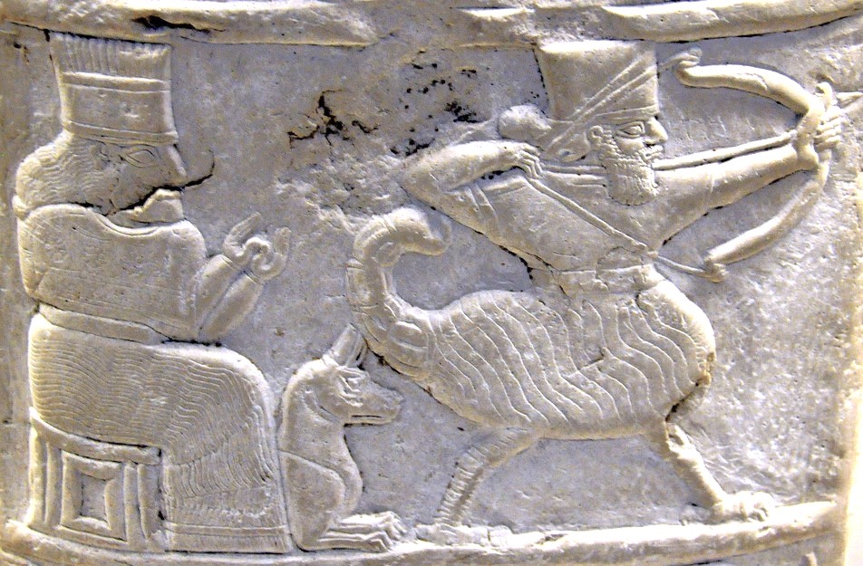 Detail of the goddess Gula, her dog, and a scorpion man from kudurru of Nebuchadnezzar granting Šitti-Marduk freedom from taxation - British Museum, London
