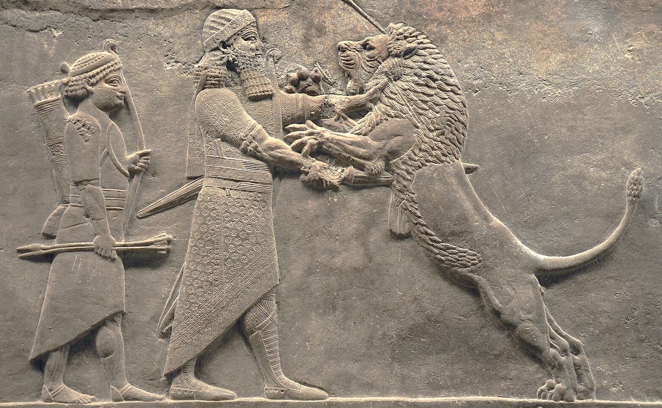 Sculpted reliefs depicting Ashurbanipal, the last great Assyrian king, hunting lions, gypsum hall relief from the North Palace of Nineveh (Irak), c. 645-635 BC, British Museum.