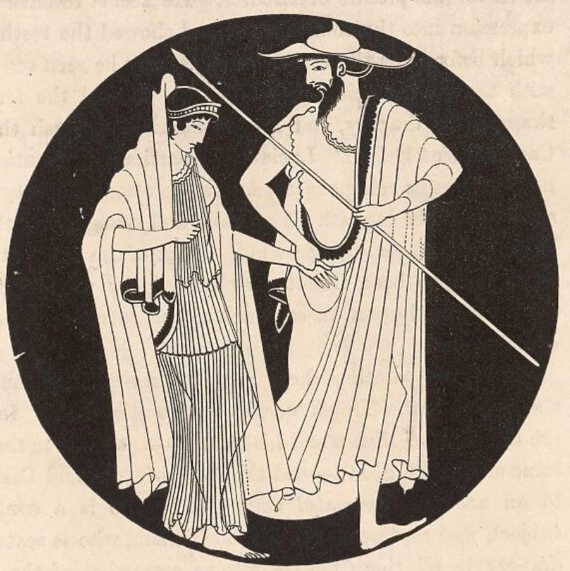 Couple with chiton and imatio; the man carries a wide-brimmed (petaso) headgear; inside an ancient cup (5th century BC) - London, British Museum.