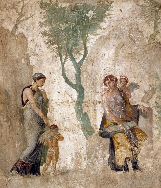 Eros punished in the presence of Aphrodite. Fresco from House of Love Punished, 1st CE, Pompeii - Archeological Museum, Naples. The woman on the left wears a stole held up by studs and a ball that leaves her shoulders uncovered