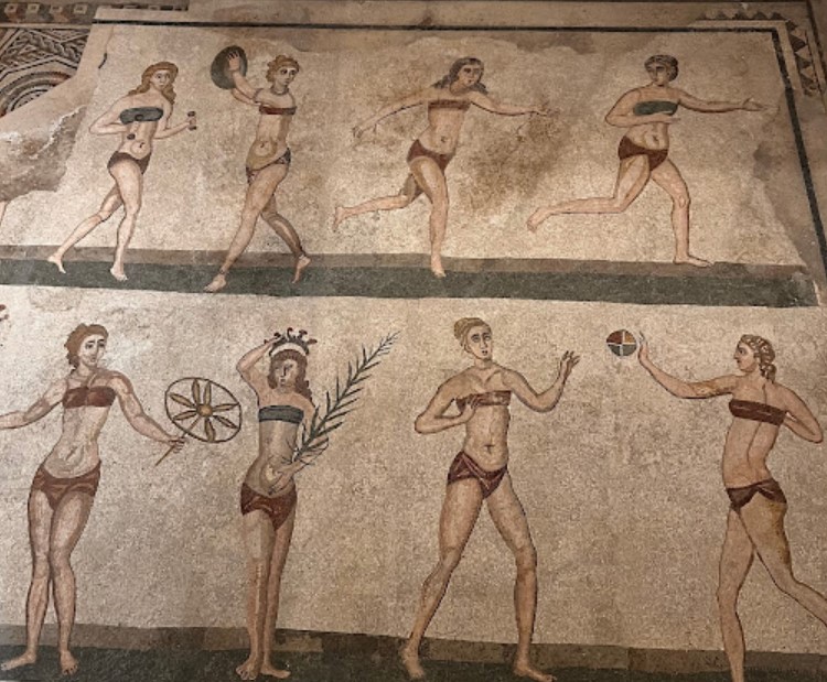 Girls in bikinis (strophium). Mosaic from Roman Villa of the farmhouse in Piazza Armerina (3rd-4th century CE), Enna, Italy. Roman women used as underwear, almost always worn for the bath, the pectoralis band and panties called subligar.