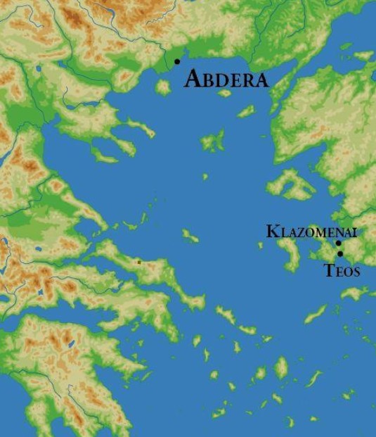 Abdera location in Thrace and location of its metropolis Clazomenai and Teos.