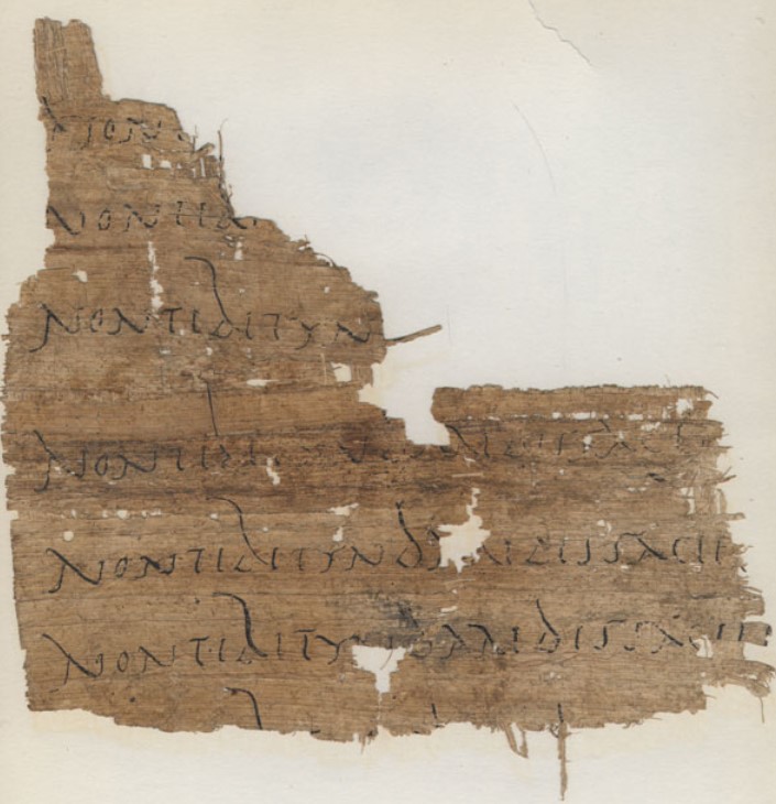 A fragment of Hawara Papyrus inv. 24 - Vergil (1st century AD). It has a line of the Aeneid (II, 601) repeated 7 times, probably a writing exercise by one hand