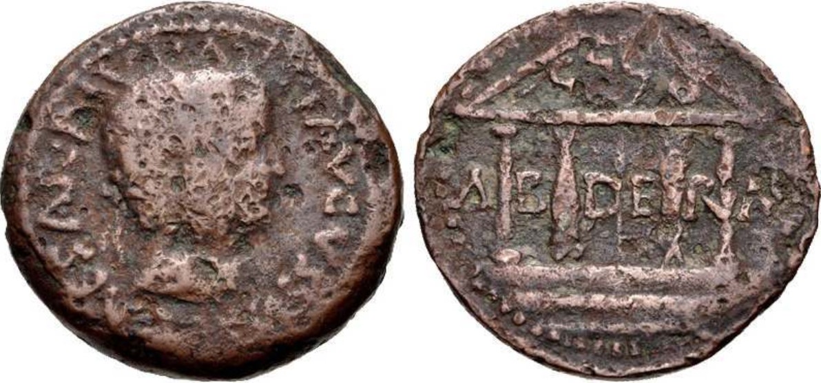 Bronze coin with head of Tiberius on the obverse and the temple of Melquarth/Hercules with two columns shaped like tuna fish on the reverse. Legend reads ABDERA in Latin and 'BDRT in Punic  - TI CAESAR DIVI AVG F AVGVSTVS