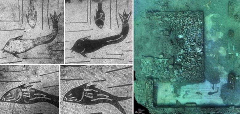 A submerged mosaic in Baia: the 'Fish Mosaic' (3rd century CE), whose best preserved portion shows in the foreground a tuna and perhaps an eagle during a mattanza - Archaeological Park of Baia Sommersa , Bacoli, Naples