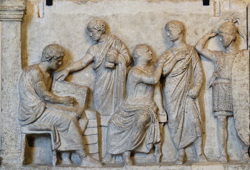 Left part of a plaque from the Altar of Domitius Ahenobarbus known as the “Census frieze”. Marble, Roman artwork of the late 2nd century BC. From the Campus Martius, Rome