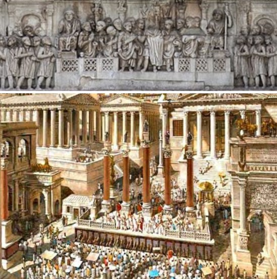 Arch of Constantine, Oratio set in the Roman Forum: the five columns behind the imperial stage are the monuments on the Rostrums