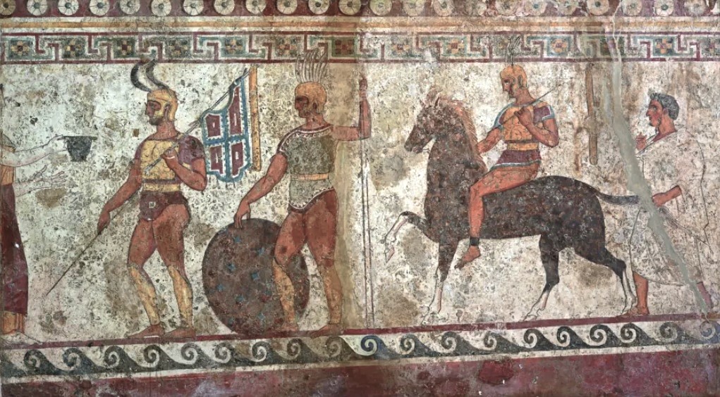 Fresco of a Samnite tomb [Weege Tomb 30] found in Nola showing the return of Samnite warriors from battle - National Archaeological Museum of Naples (MANN)