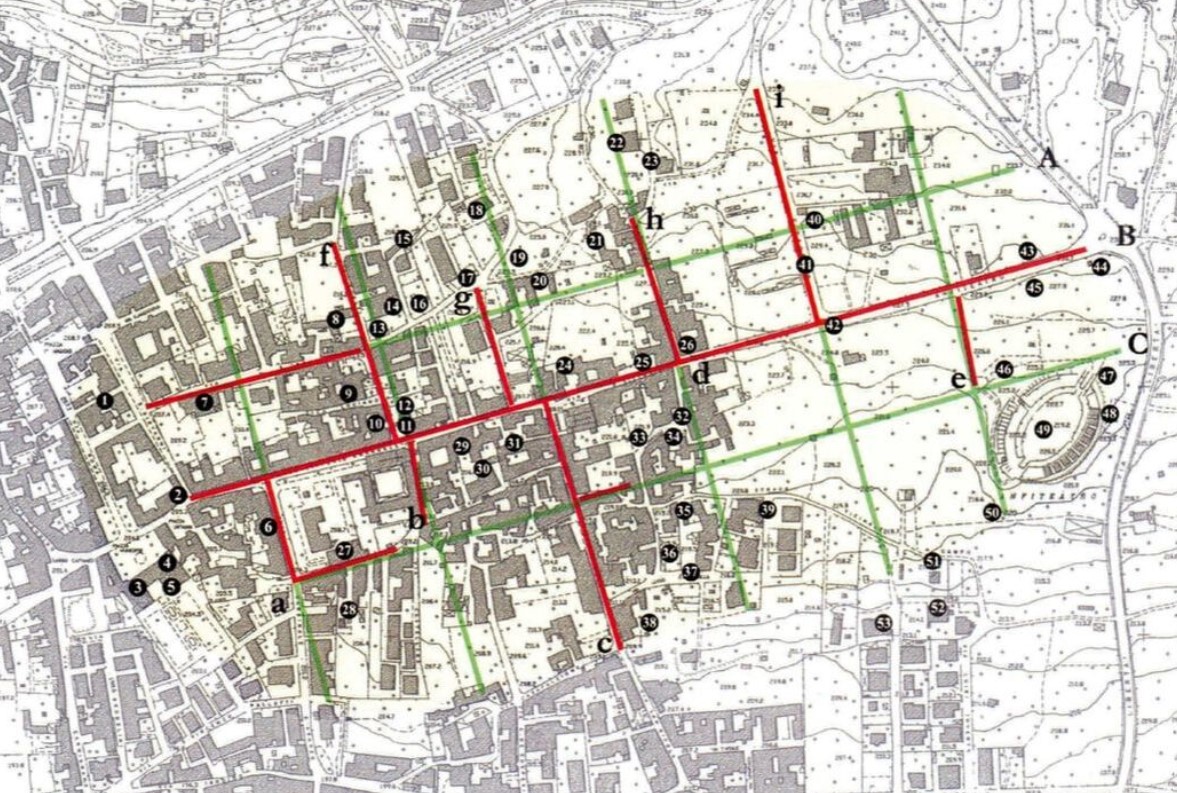 Map of ancient and modern Abella and Decumanus Maximus