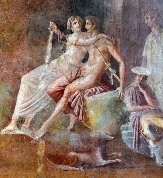 Aeneas and Dido (Mars and Venus); National Archaeological Museum of Naples (inv. 112282); fresco from Pompeii, House of the Citharist (I, 4, 5), third style (10 BC - 45 AD).