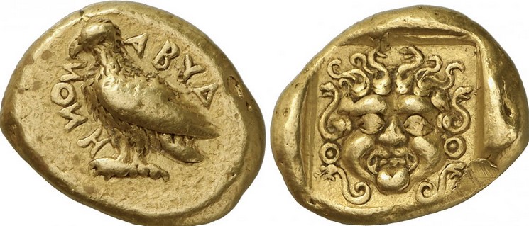 Ancient coin which is in the category of Stater, which was struck in the ancient city of Troas Abydos. The front percentage is the name of the ancient city around the Eagle. Back type Gorgoneion.