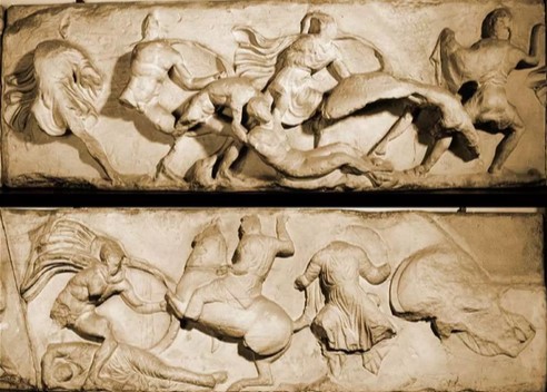 Combat between Athenians and other Greeks. Bas-relief, marble, late 5th century BCE from the western frieze of the temple of Athena Nike.