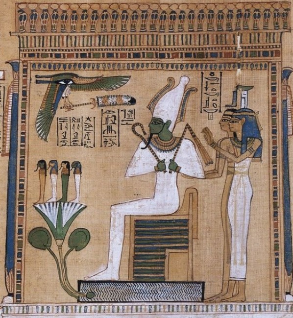 Judgment scene from the Book of the Dead (version from c.1375 BC) Osiris seated in his shrine with Isis and Nephthys. (British Museum)