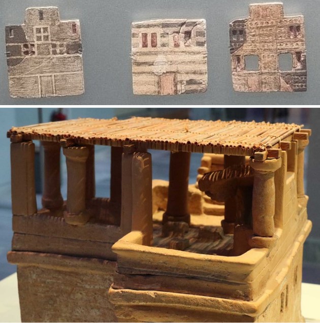 Plaques in faience representing facades of houses. Probably adorned a wooden box. They are finds from the palaces of Malia and Knossos and under a model house. Paleopalacial period (1900, 1700 BC) - Heraklion Archaeological Museum, Crete, Greece.