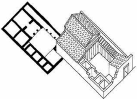 Split of a house in Priene (4th century BCE): around the inner courtyard are the rooms aligned north to south.