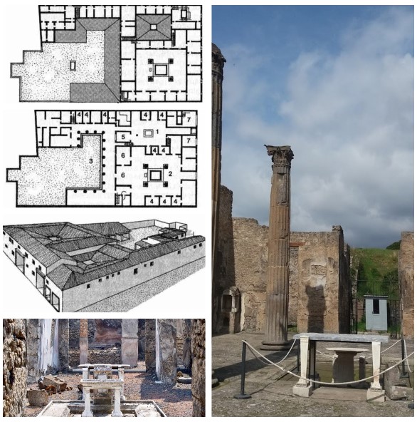 House of Obellio Firmo in Pompeii: Plan of the first floor, ground floor and perspective reconstruction of the exterior: the Tuscan atrium, 2 Corinthian atrium, 3 peristyle, 4 cubicles, 5 tablinium, 6 triclinium, 7 tabernae.