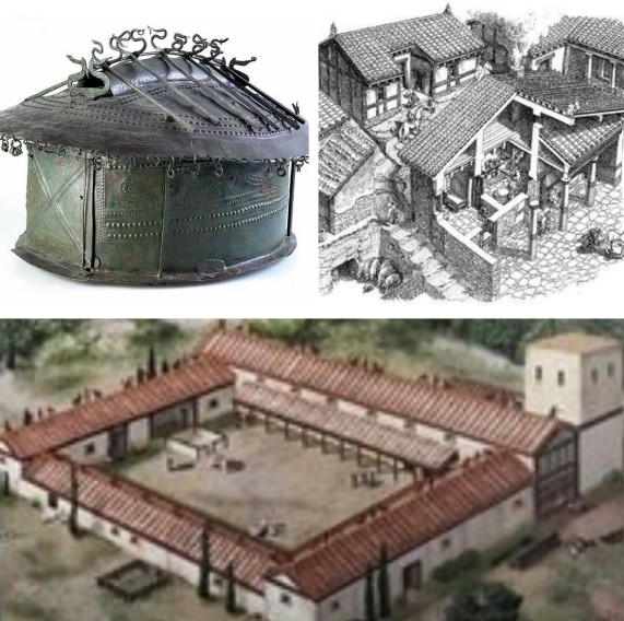 Evolution of the Etruscan dwelling: shaped like a hut (bronze urn from the 8th century BC, Etruscan Museum Etrusco Villa Giulia, Rome), civil and stately home (Murlo Museum, Siena)
