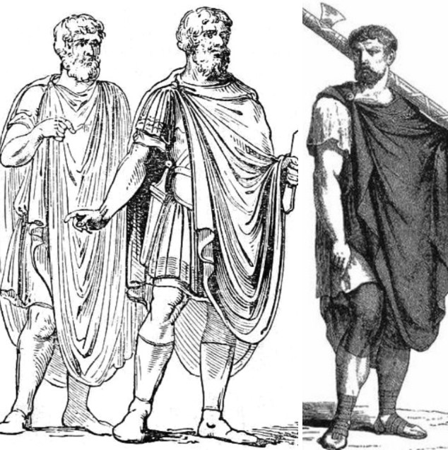 Two men and a Lictor with the fasces, wearing an abolla, a loose wollen cloak worn by ancient Romans.