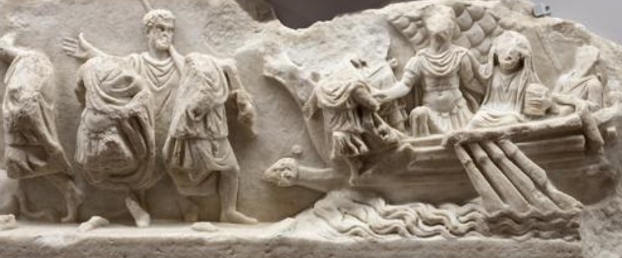 Marble relief depicting the landing of the Trojans, coming from Gaeta and kept at the National Archaeological Museum of Naples