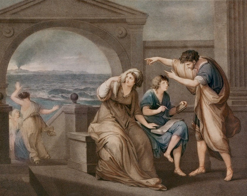 The Younger Pliny Reproved, colorized copperplate print by Thomas Burke (1749–1815) after Angelica Kauffmann. The Latin writer Plinius the Younger (c.62 - c. 114 CE), son of L. Cecilio Cilone and of Plinia, sister of Pliny the Elder, was legatus pro praetore in Bitinia in 111 and 112.