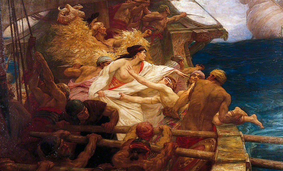 'The Golden Fleece' by Herbert James Draper (1864-1920), 1904. Oil on canvas, 155 x 272.5 cm. Courtesy of Bradford Museums, Galleries & Heritage (Cartwright Hall). According to Simon Toll, 'the image of the powerful femme fatale makes her most dramatic appearance in Draper's ambitious, large canvas The Golden Fleece' (119), which is 'certainly the most histrionic' (120) of his paintings. As a passage attached to the painting when it was exhibited at the Royal Academy explains, Medea throws her brother into the sea to drown so that her father will slacken his pursuit longer enough for her to escape with the golden fleece.