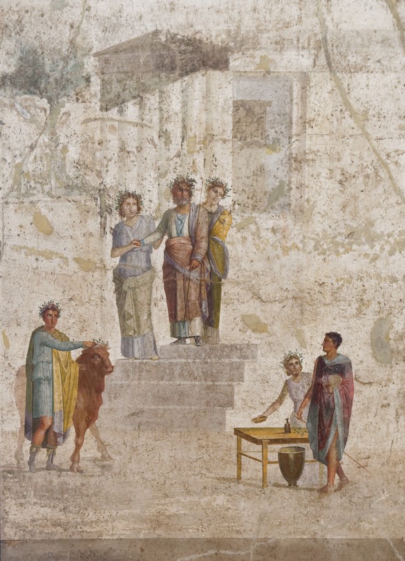 Pelias, king of Iolcos, stops on the steps of a temple as he recognises young Jason (on right) by his missing sandal - Fresco from Pompeii, Naples, Italy. House of Jason, Pompeii (IX, 5, 18-21), 1st century CE