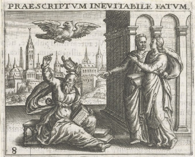 The death of Aeschylus illustrated in Denis Lebey de Batilly, Emblemata, Frankfurt, Theodor de Bry, 1596, by Jean Jacques Boissard