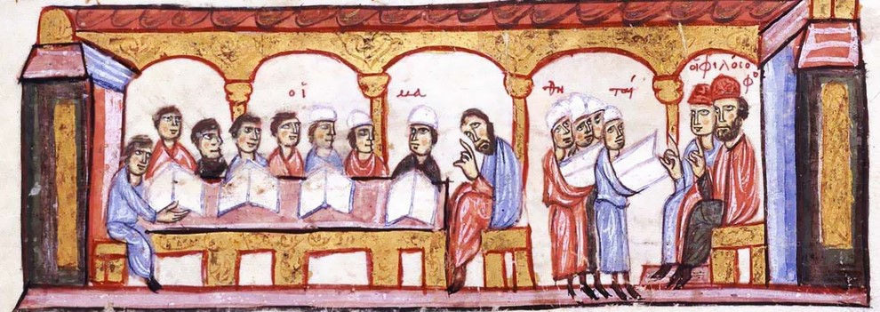 Pandidakterion was a school founded in 425 by Emperor Theodosius II in the Capitolium of Constantinople with 31 chairs: 10 each for Greek and Latin grammar; two for law; one for philosophy; and eight chairs for rhetoric, with five taught in Greek and three in Latin. - Illumination from Skylitzes codex, 13th-14th centuries. Image No. 0024558 Credit: The Granger Collection, NYC 