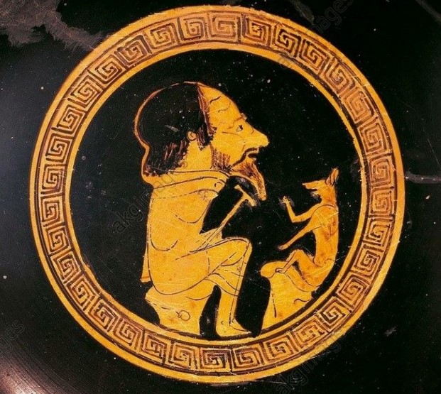 Image presumed to depict Aesop and fox, Greek red-figure kylix, c. 450 BCE.by a painter in Bologna 417 - ARV 916.183