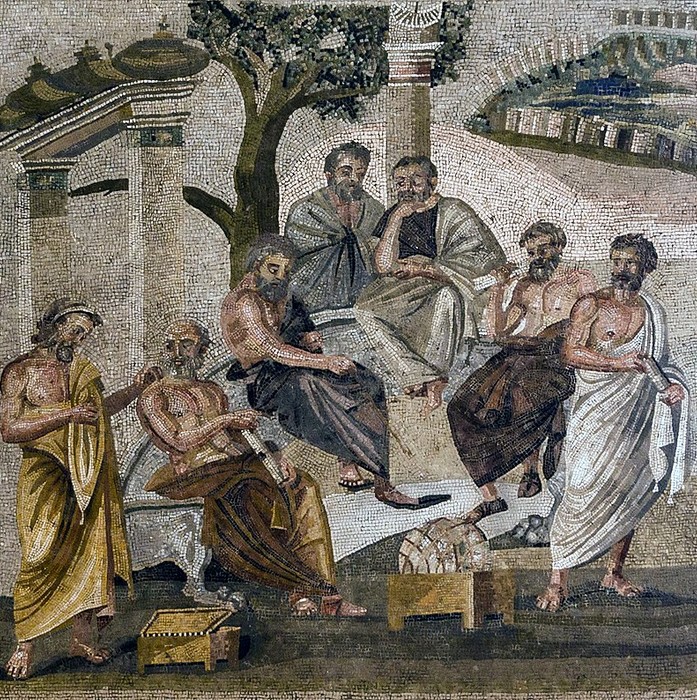 Plato’s Academy mosaic — from the Villa of T. Siminius Stephanus in Pompeii, Naples, Italy